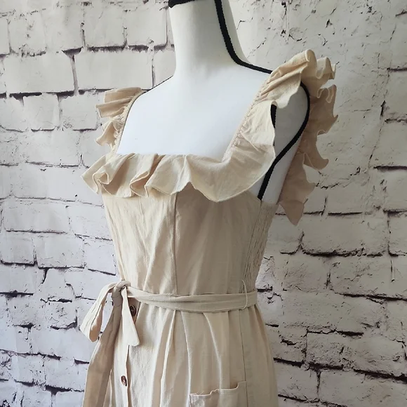 CupShe Beige Smocked Ruffle Midi Dress - Sz S belted dress - EUC! - Picture 2 of 13